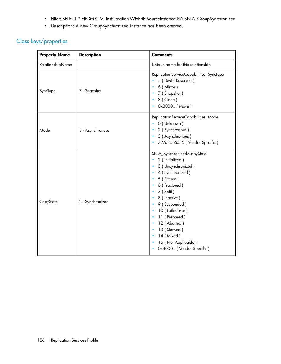 Class keys/properties | HP SAN Virtualization Services Platform User Manual | Page 186 / 324