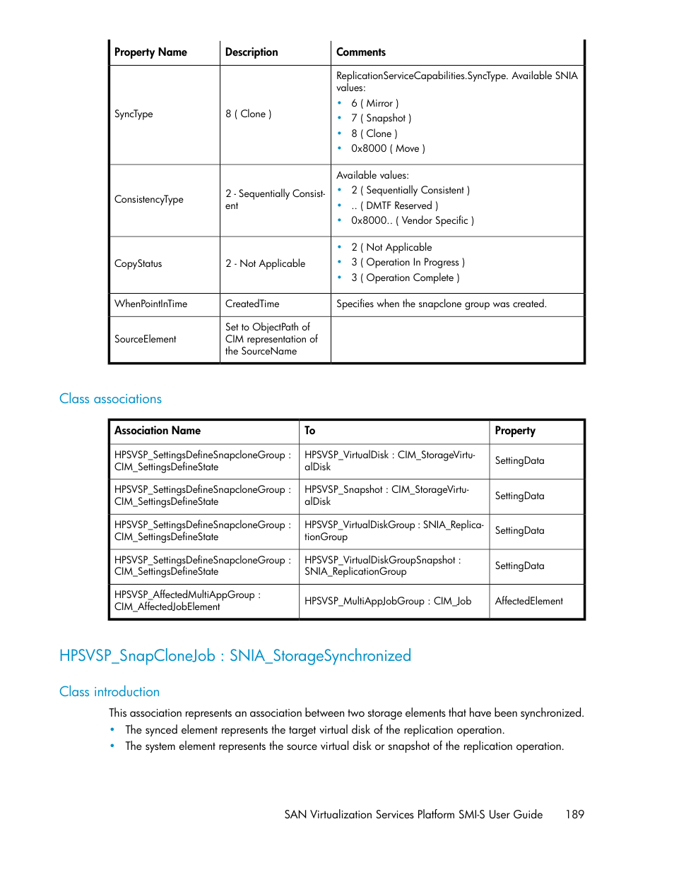 Class associations, Hpsvsp_snapclonejob : snia_storagesynchronized, Class introduction | HP SAN Virtualization Services Platform User Manual | Page 189 / 324