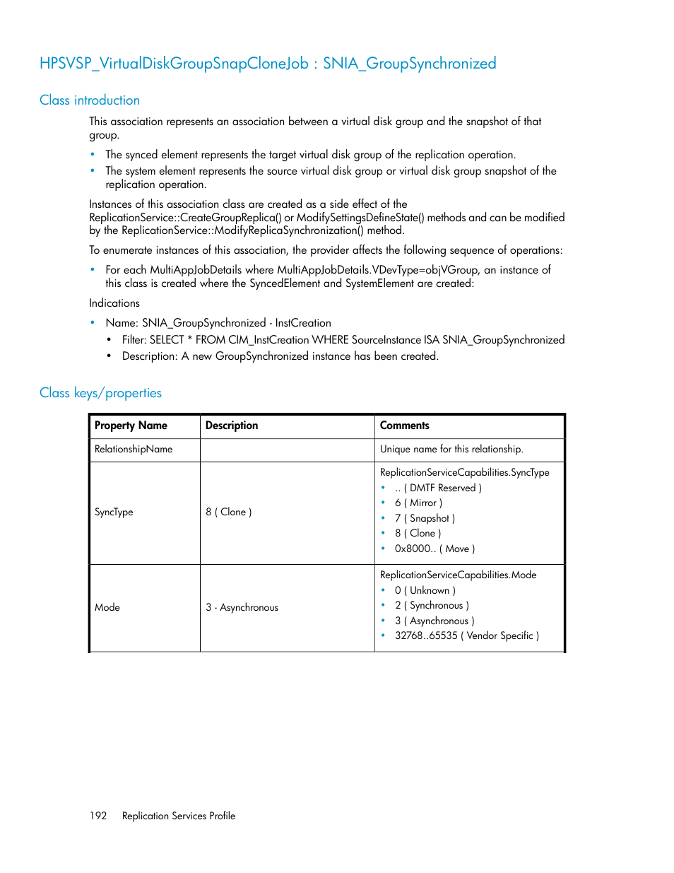 Class introduction, Class keys/properties | HP SAN Virtualization Services Platform User Manual | Page 192 / 324
