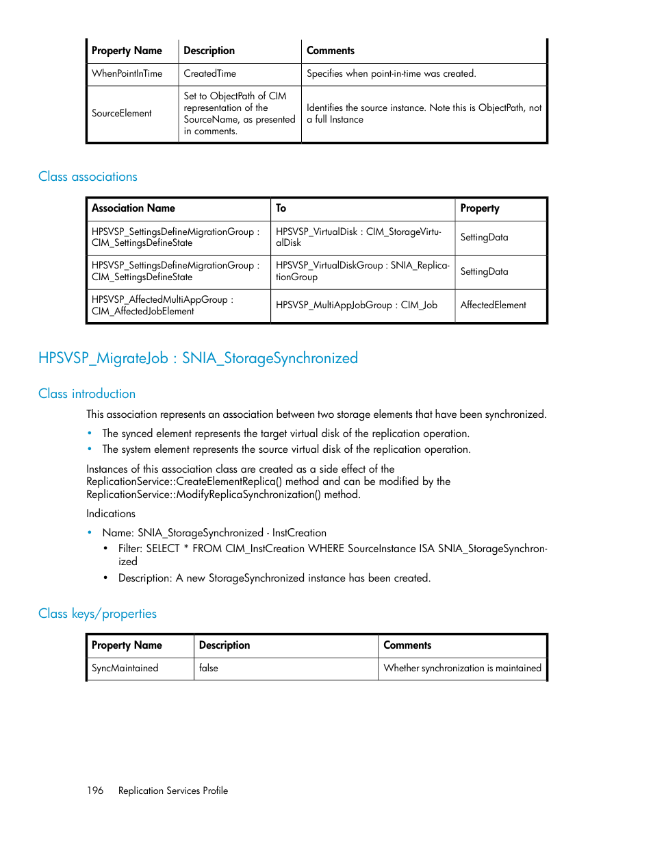 Class associations, Hpsvsp_migratejob : snia_storagesynchronized, Class introduction | Class keys/properties, 196 class keys/properties | HP SAN Virtualization Services Platform User Manual | Page 196 / 324