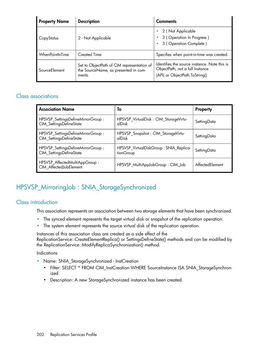 Class associations, Hpsvsp_mirroringjob : snia_storagesynchronized, Class introduction | HP SAN Virtualization Services Platform User Manual | Page 202 / 324