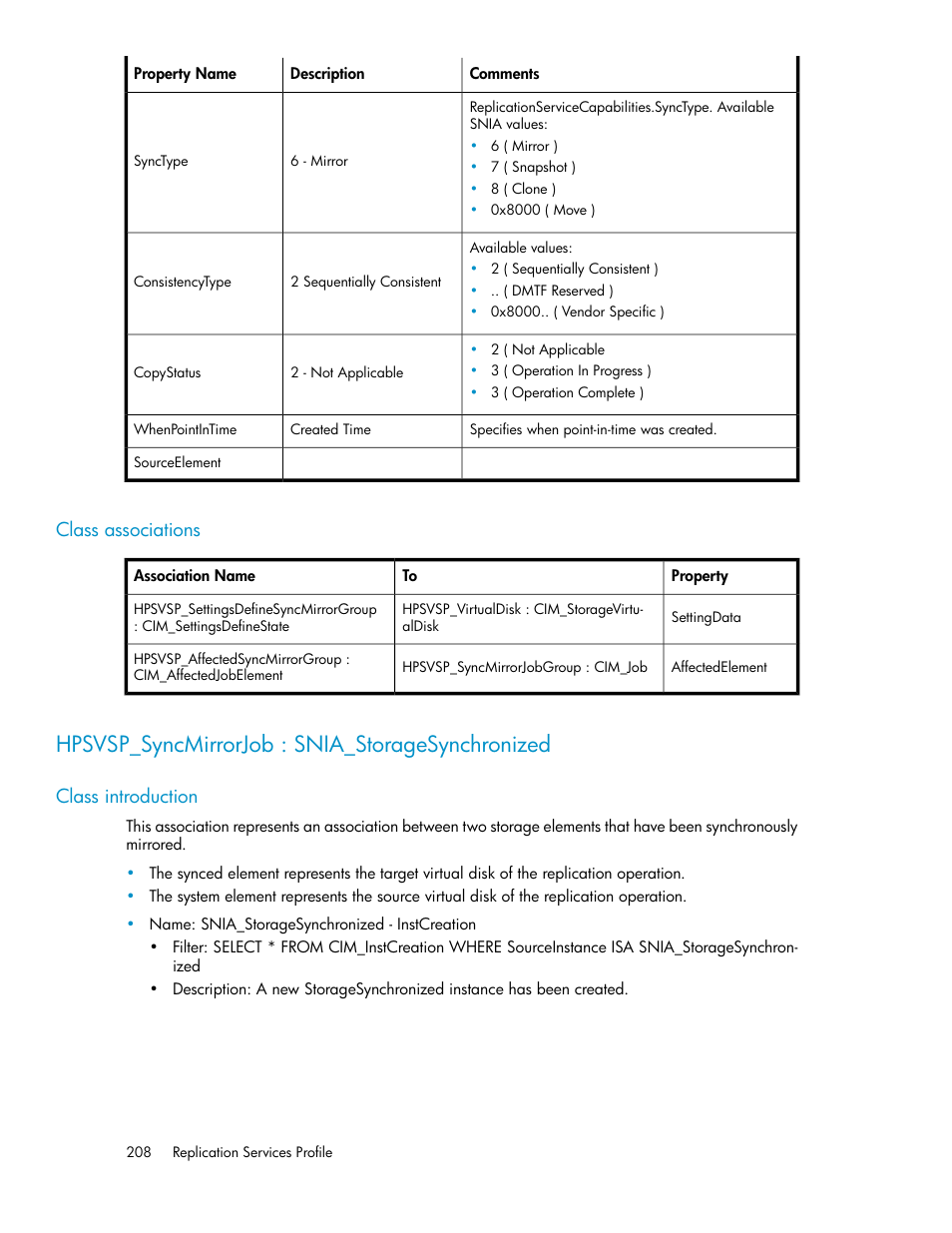 Class associations, Hpsvsp_syncmirrorjob : snia_storagesynchronized, Class introduction | HP SAN Virtualization Services Platform User Manual | Page 208 / 324