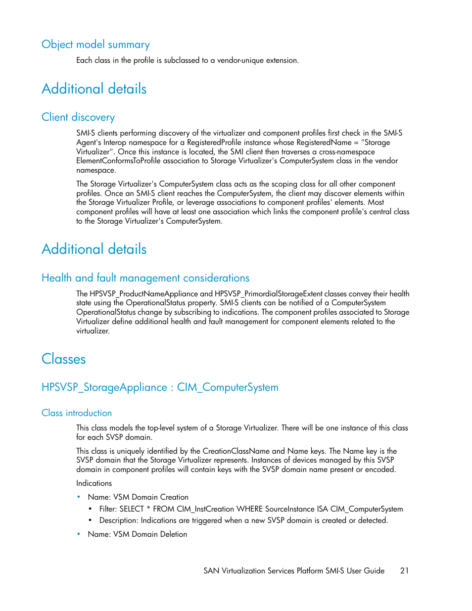 Object model summary, Additional details, Client discovery | Health and fault management considerations, Classes, Hpsvsp_storageappliance : cim_computersystem, Class introduction | HP SAN Virtualization Services Platform User Manual | Page 21 / 324
