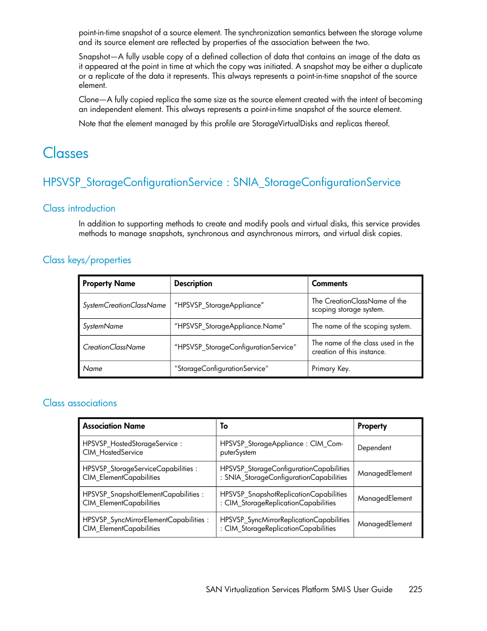 Classes, Class introduction, Class keys/properties | Class associations, 225 class keys/properties, 225 class associations | HP SAN Virtualization Services Platform User Manual | Page 225 / 324
