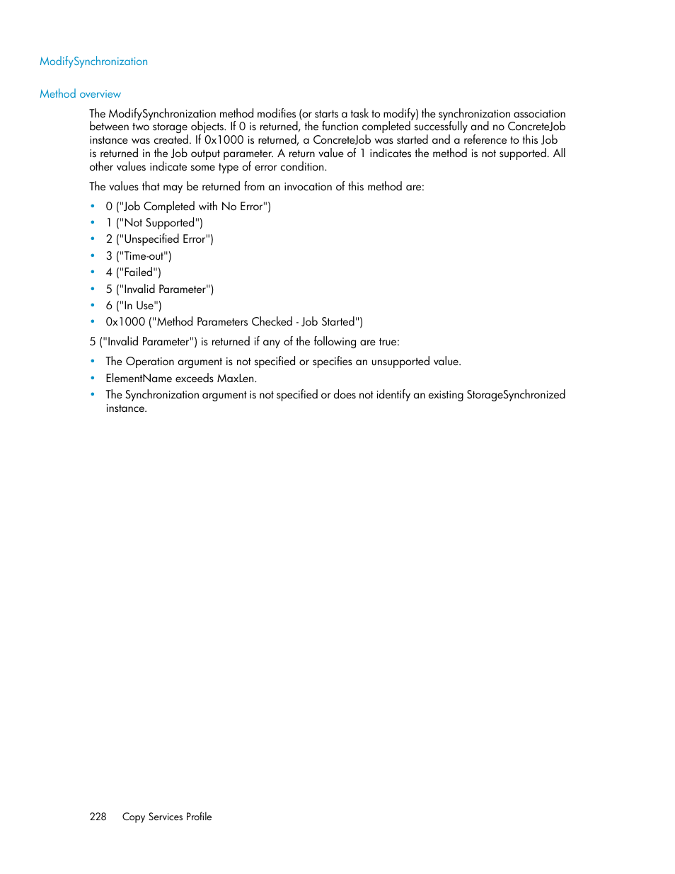 Modifysynchronization, Method overview | HP SAN Virtualization Services Platform User Manual | Page 228 / 324