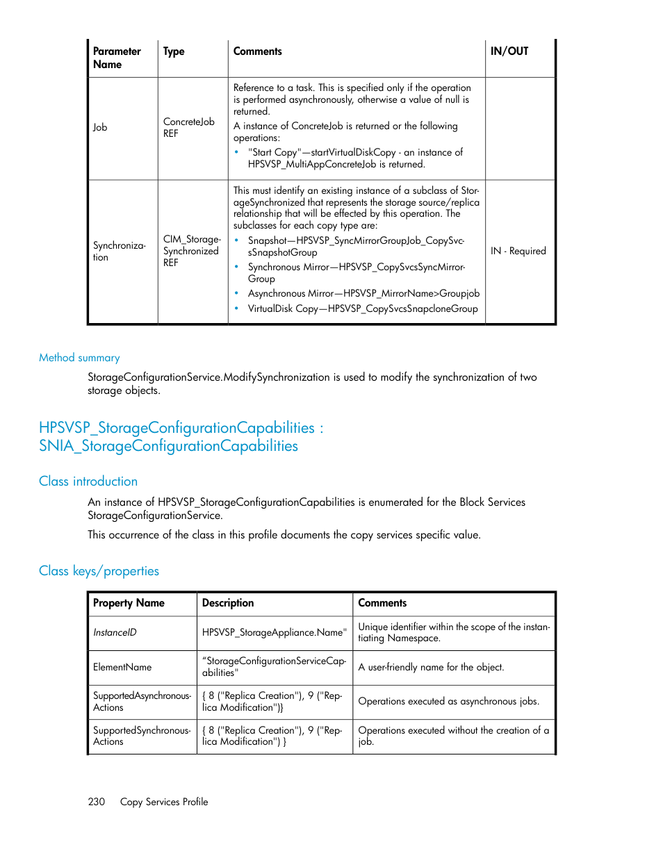 Method summary, Class introduction, Class keys/properties | 230 class keys/properties | HP SAN Virtualization Services Platform User Manual | Page 230 / 324