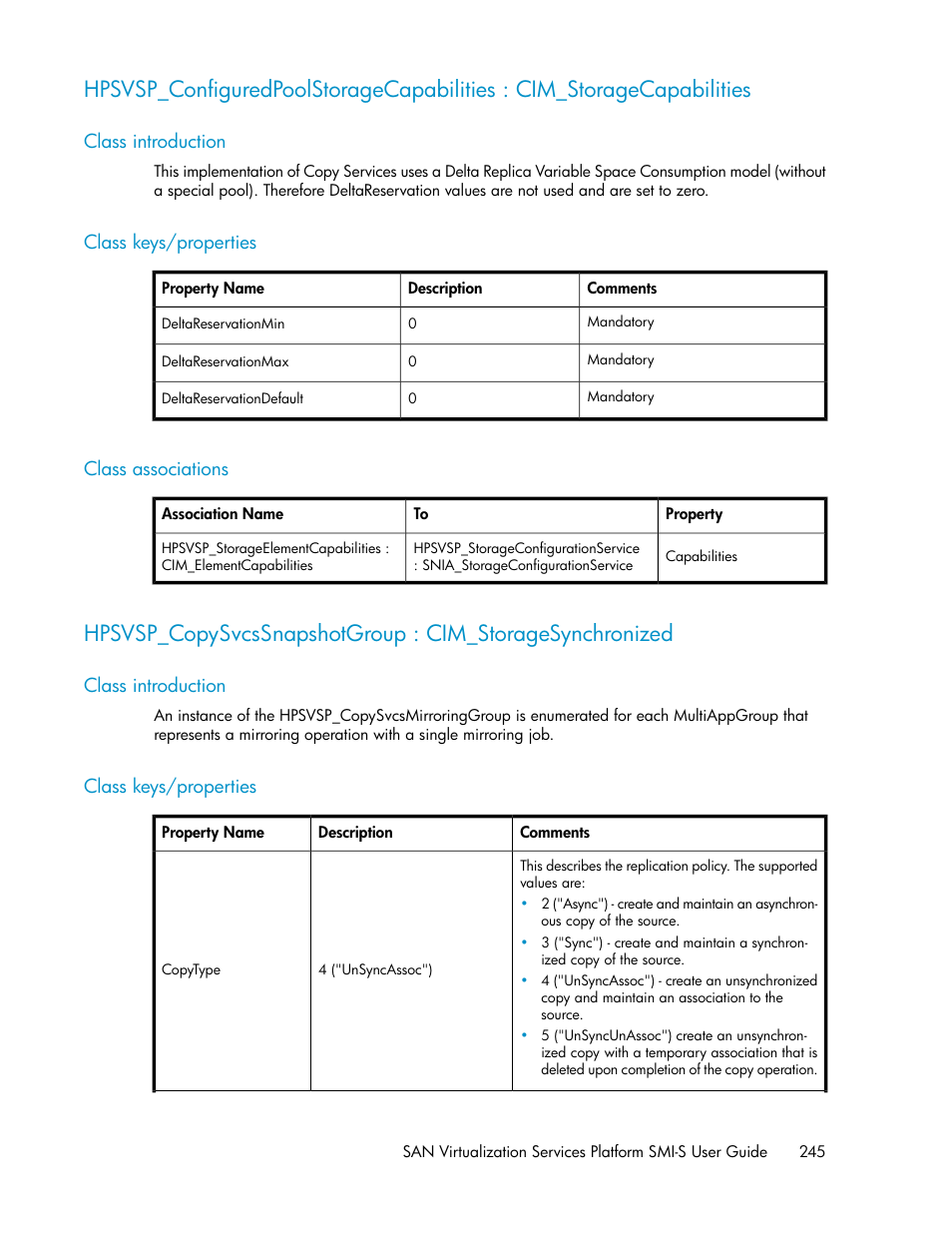 Class introduction, Class keys/properties, Class associations | 245 class keys/properties, 245 class associations | HP SAN Virtualization Services Platform User Manual | Page 245 / 324