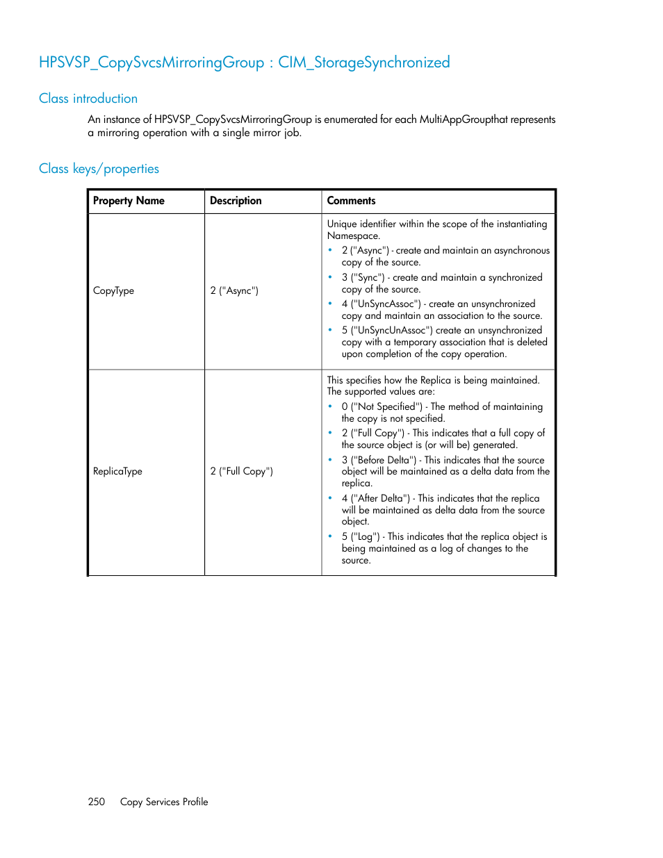 Class introduction, Class keys/properties, 250 class keys/properties | HP SAN Virtualization Services Platform User Manual | Page 250 / 324