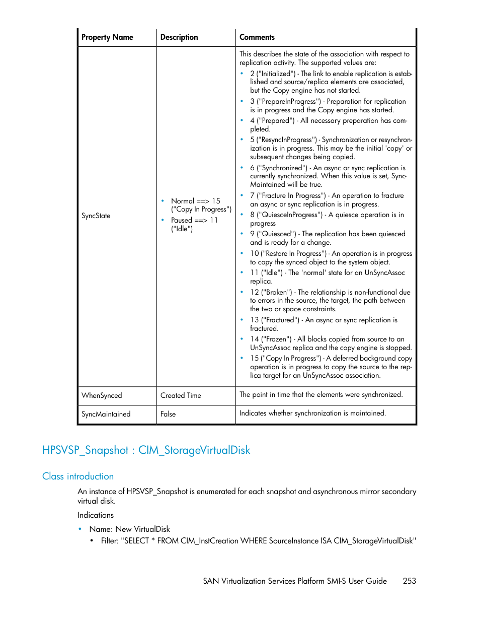 Hpsvsp_snapshot : cim_storagevirtualdisk, Class introduction | HP SAN Virtualization Services Platform User Manual | Page 253 / 324