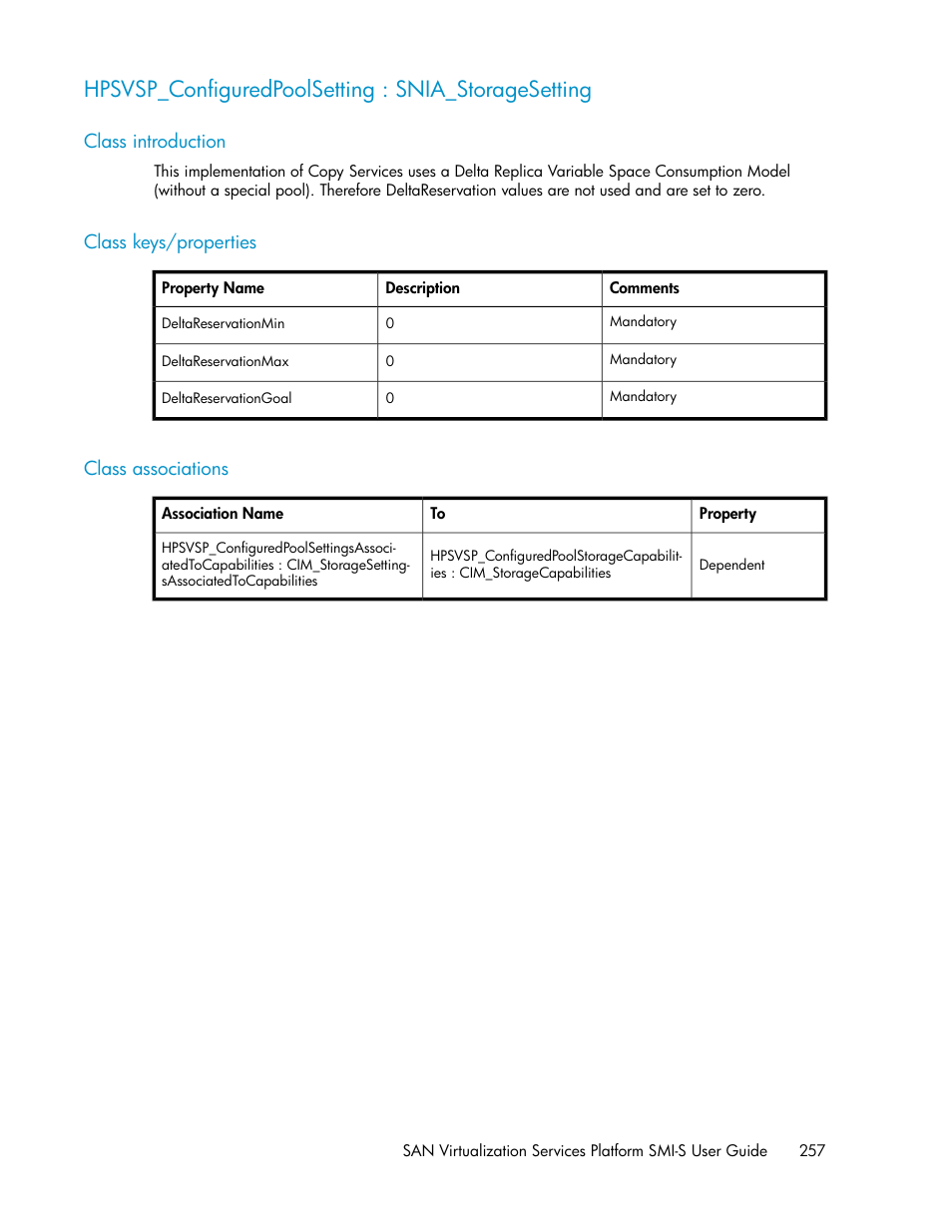 Hpsvsp_configuredpoolsetting : snia_storagesetting, Class introduction, Class keys/properties | Class associations, 257 class keys/properties, 257 class associations | HP SAN Virtualization Services Platform User Manual | Page 257 / 324