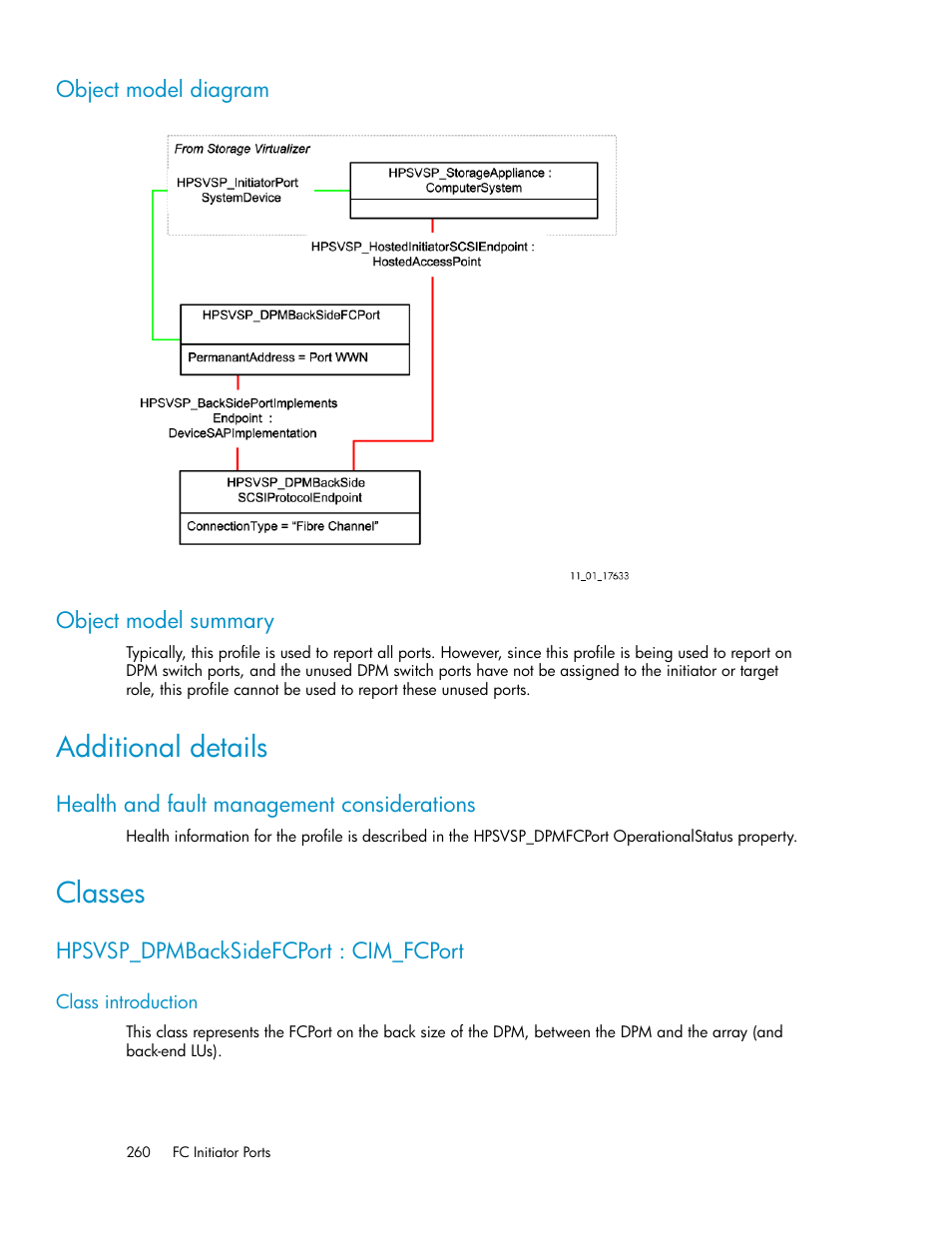 Object model diagram, Object model summary, Additional details | Health and fault management considerations, Classes, Hpsvsp_dpmbacksidefcport : cim_fcport, Class introduction, 260 object model summary | HP SAN Virtualization Services Platform User Manual | Page 260 / 324