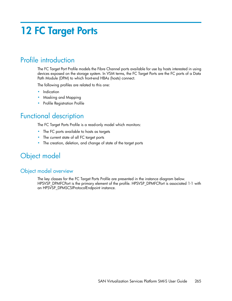 12 fc target ports, Profile introduction, Functional description | Object model, Object model overview, 265 functional description, 265 object model | HP SAN Virtualization Services Platform User Manual | Page 265 / 324