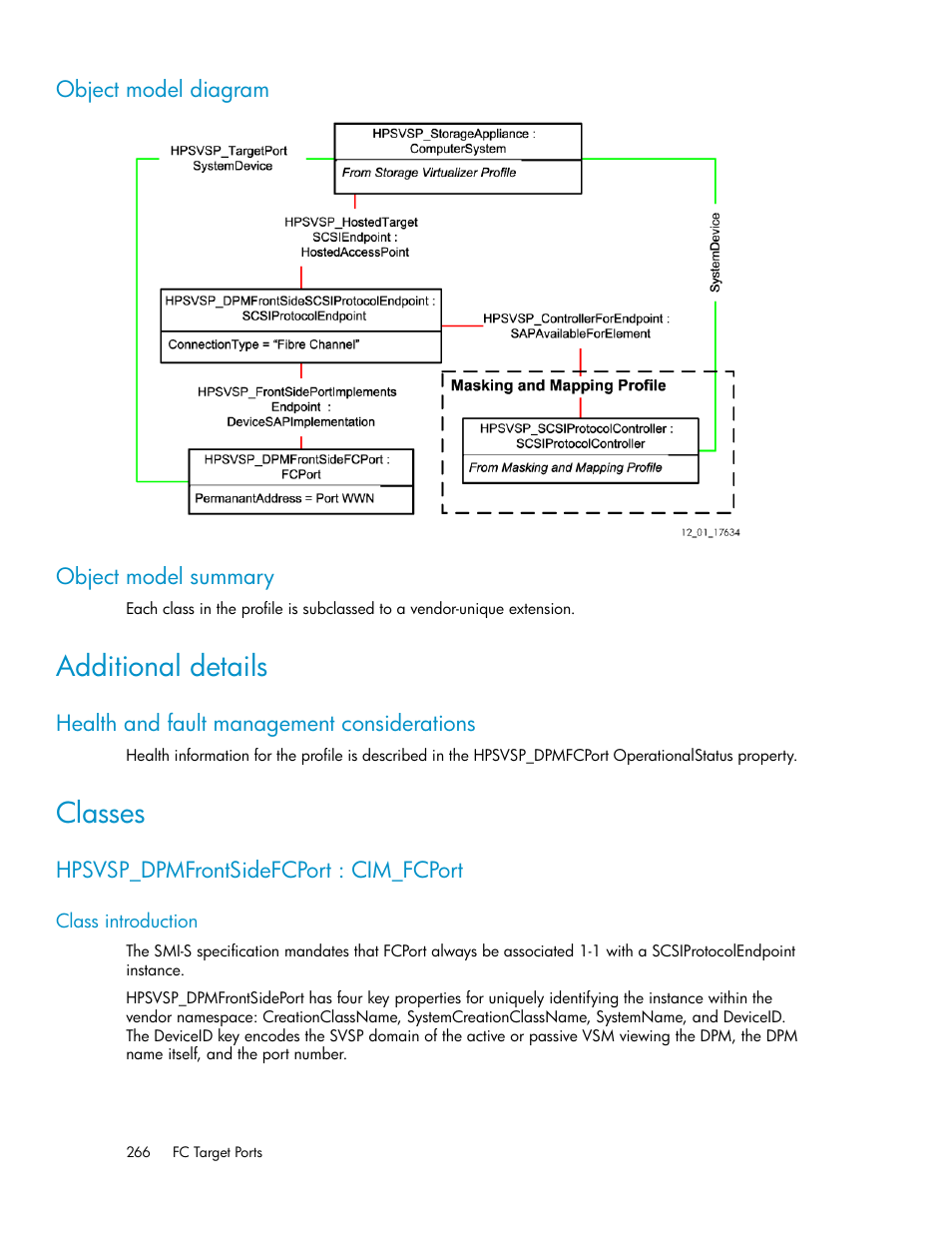 Object model diagram, Object model summary, Additional details | Health and fault management considerations, Classes, Hpsvsp_dpmfrontsidefcport : cim_fcport, Class introduction, 266 object model summary | HP SAN Virtualization Services Platform User Manual | Page 266 / 324