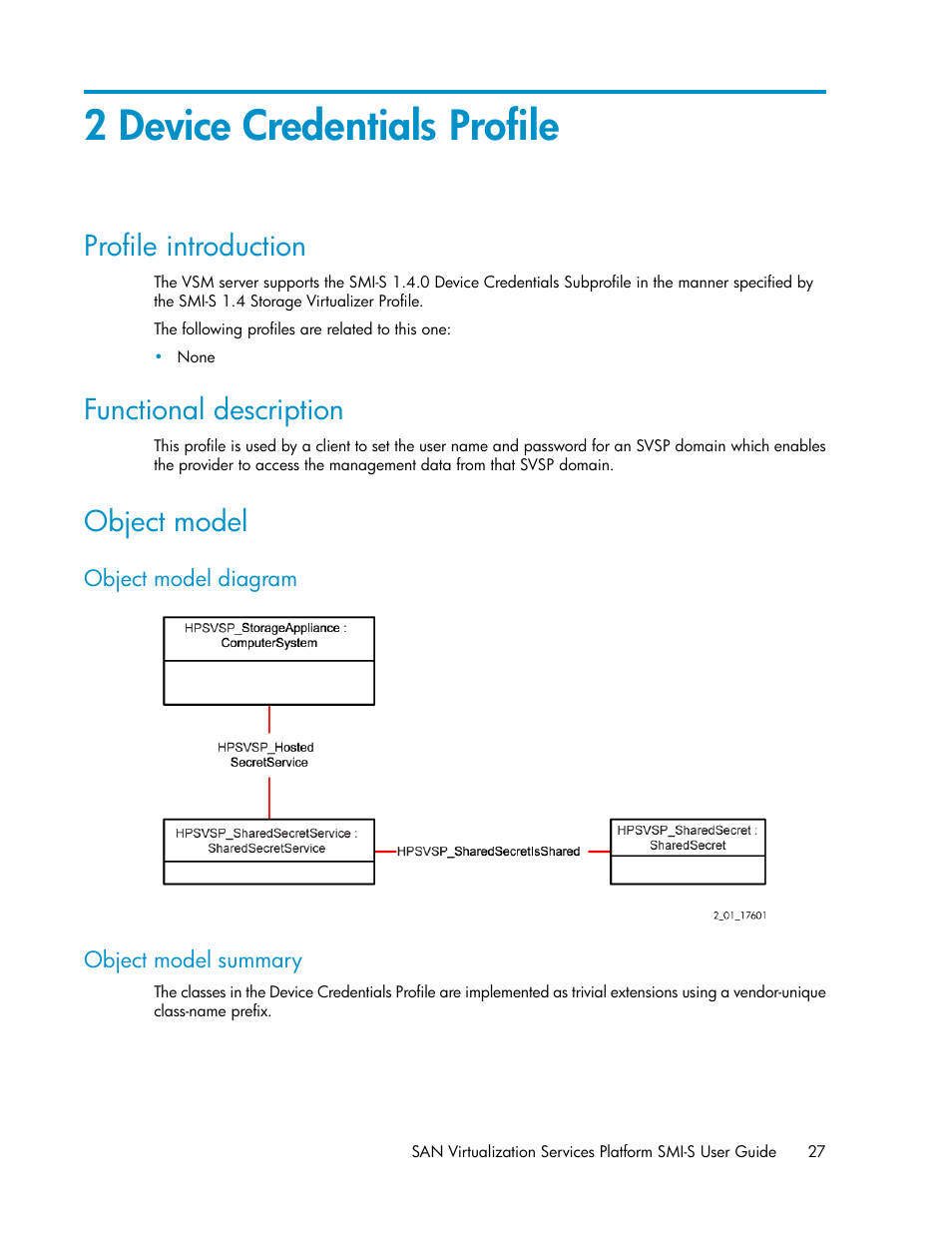 2 device credentials profile, Profile introduction, Functional description | Object model, Object model diagram, Object model summary, 27 functional description, 27 object model, 27 object model summary | HP SAN Virtualization Services Platform User Manual | Page 27 / 324