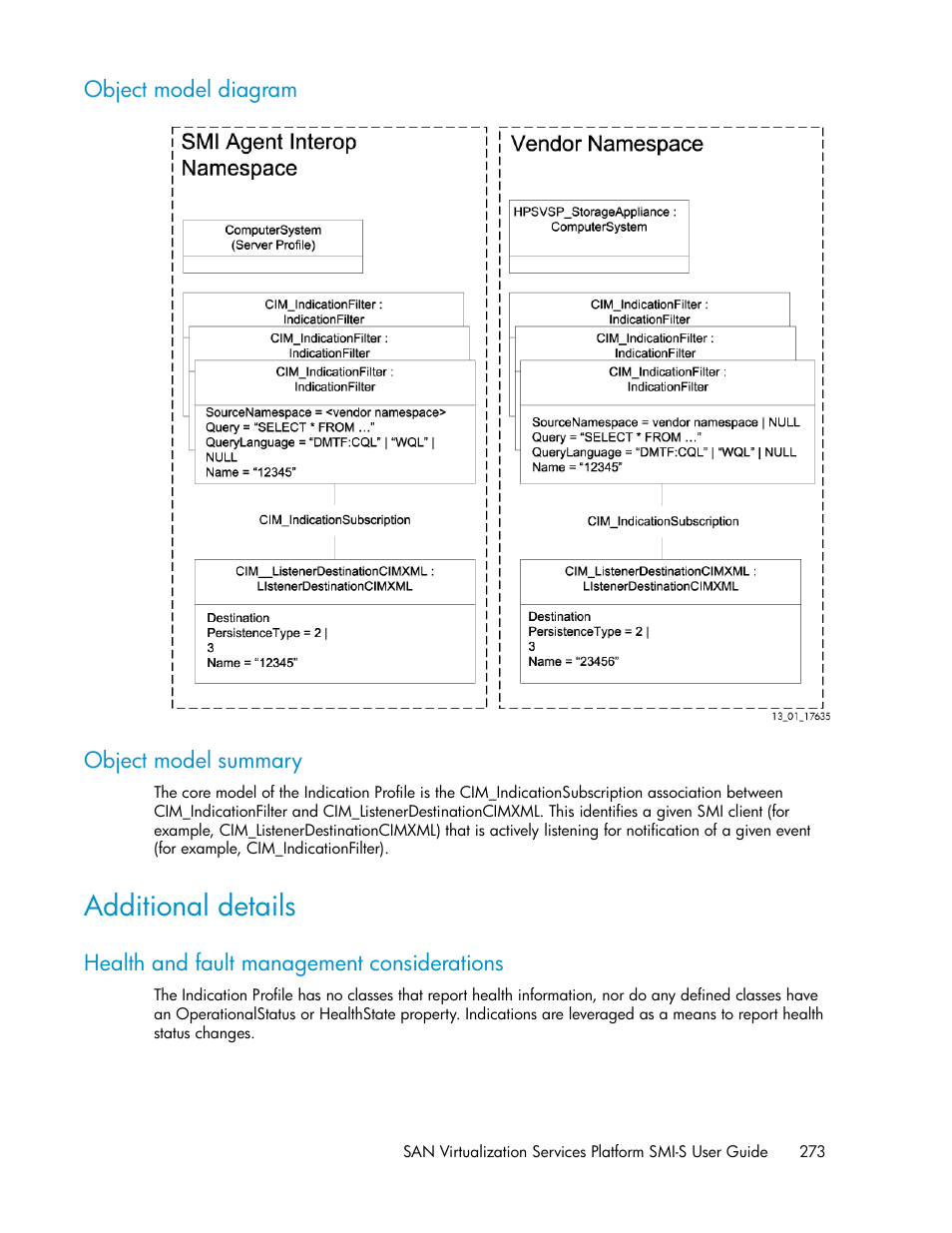Object model diagram, Object model summary, Additional details | Health and fault management considerations, 273 object model summary | HP SAN Virtualization Services Platform User Manual | Page 273 / 324