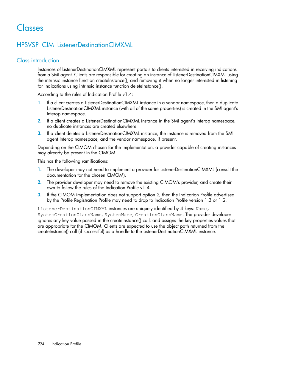 Classes, Hpsvsp_cim_listenerdestinationcimxml, Class introduction | HP SAN Virtualization Services Platform User Manual | Page 274 / 324