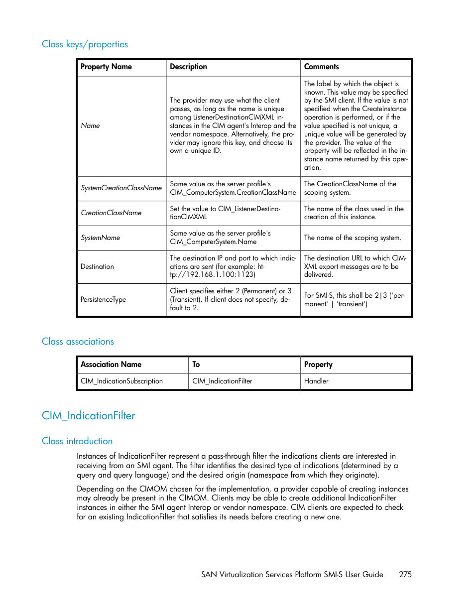 Class keys/properties, Class associations, Cim_indicationfilter | Class introduction, 275 class associations | HP SAN Virtualization Services Platform User Manual | Page 275 / 324