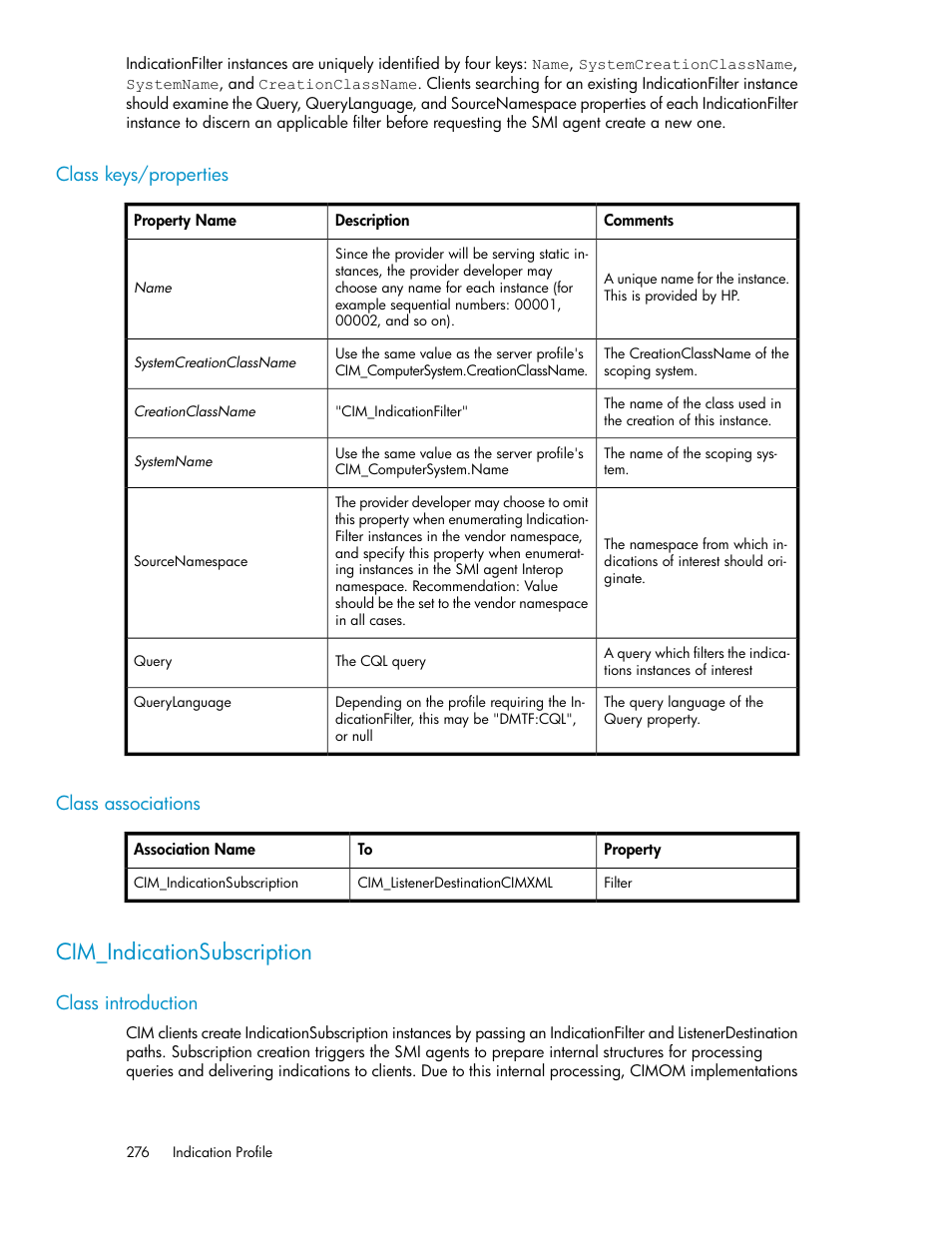 Class keys/properties, Class associations, Cim_indicationsubscription | Class introduction, 276 class associations | HP SAN Virtualization Services Platform User Manual | Page 276 / 324