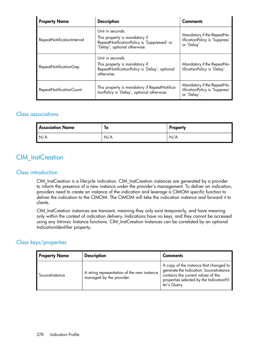 Class associations, Cim_instcreation, Class introduction | Class keys/properties, 278 class keys/properties | HP SAN Virtualization Services Platform User Manual | Page 278 / 324