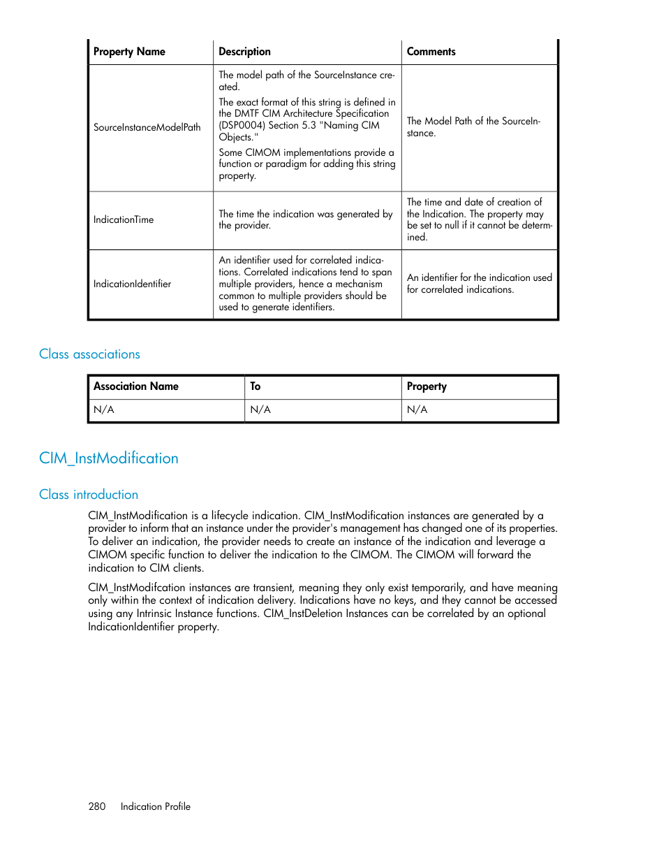 Class associations, Cim_instmodification, Class introduction | HP SAN Virtualization Services Platform User Manual | Page 280 / 324