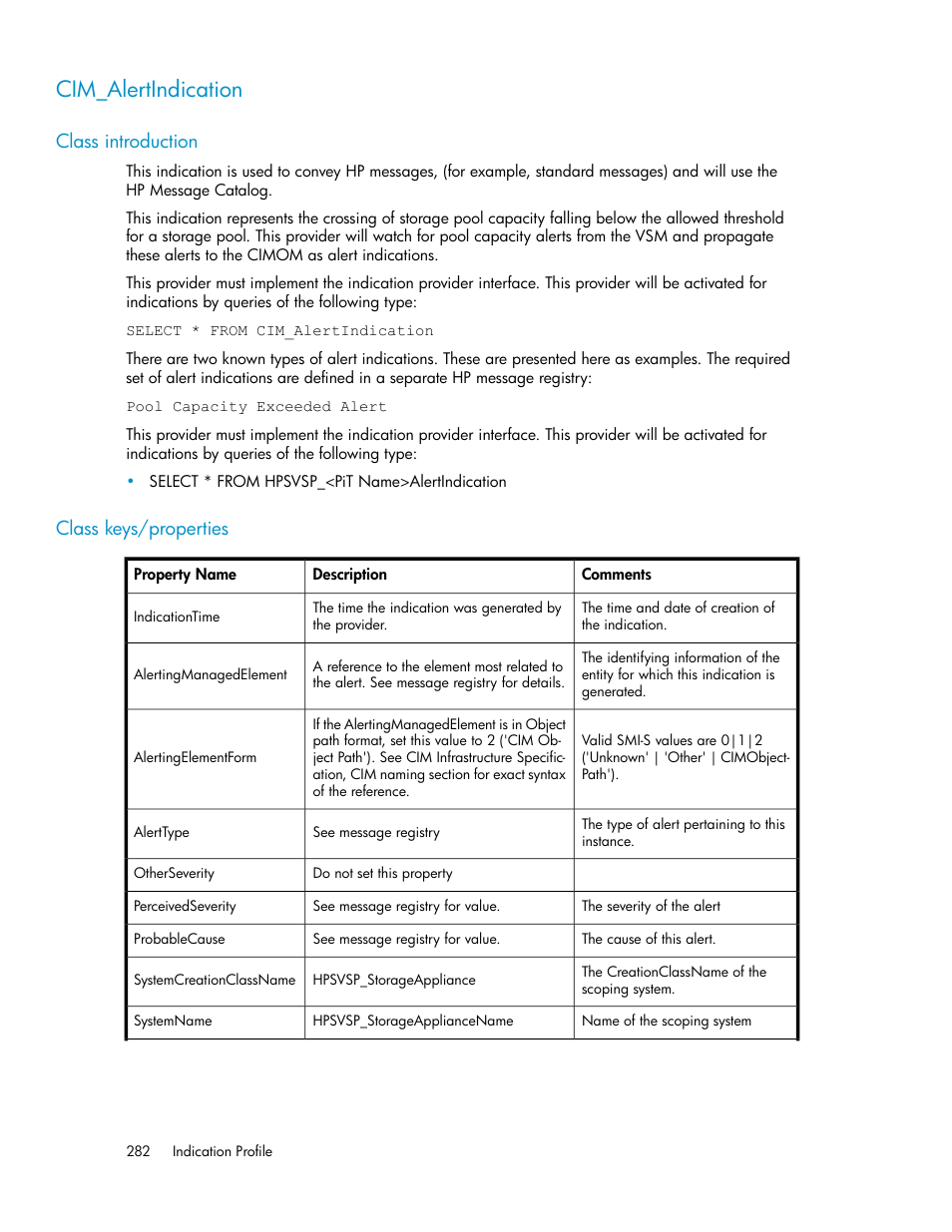 Cim_alertindication, Class introduction, Class keys/properties | 282 class keys/properties | HP SAN Virtualization Services Platform User Manual | Page 282 / 324