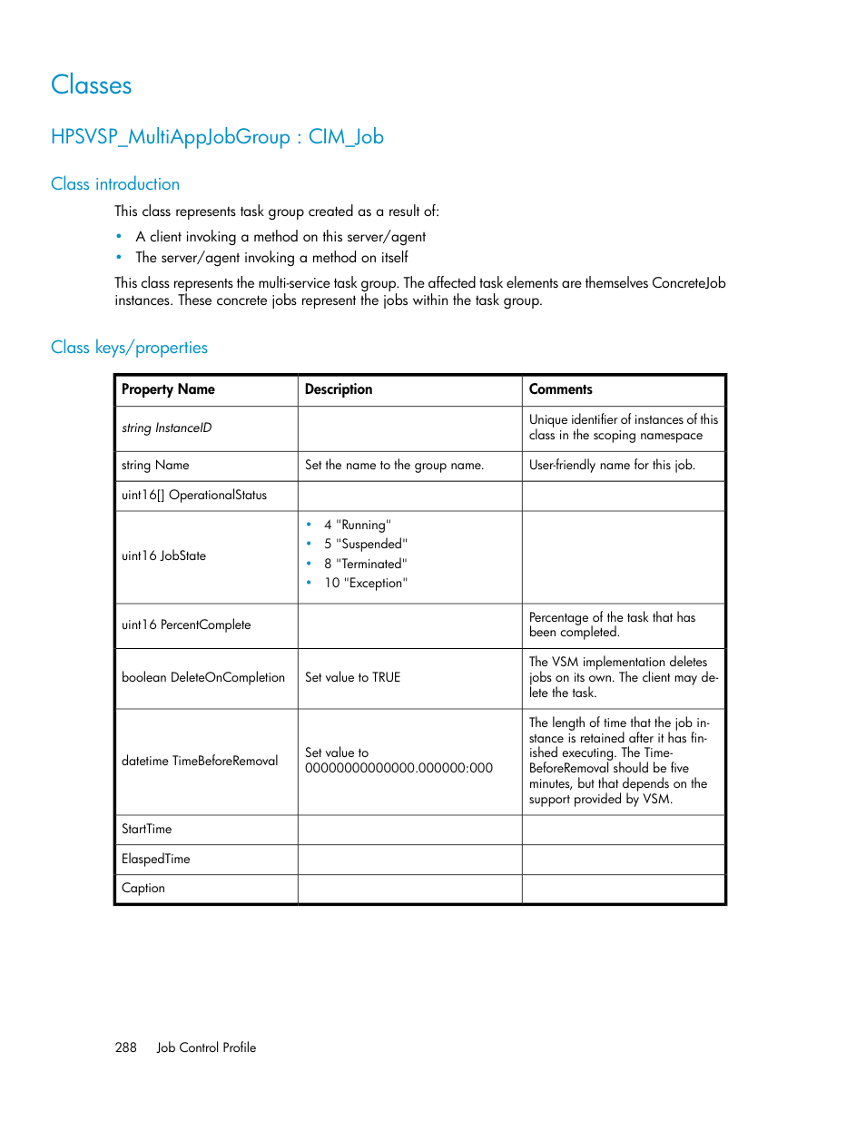 Classes, Hpsvsp_multiappjobgroup : cim_job, Class introduction | Class keys/properties, 288 class keys/properties | HP SAN Virtualization Services Platform User Manual | Page 288 / 324