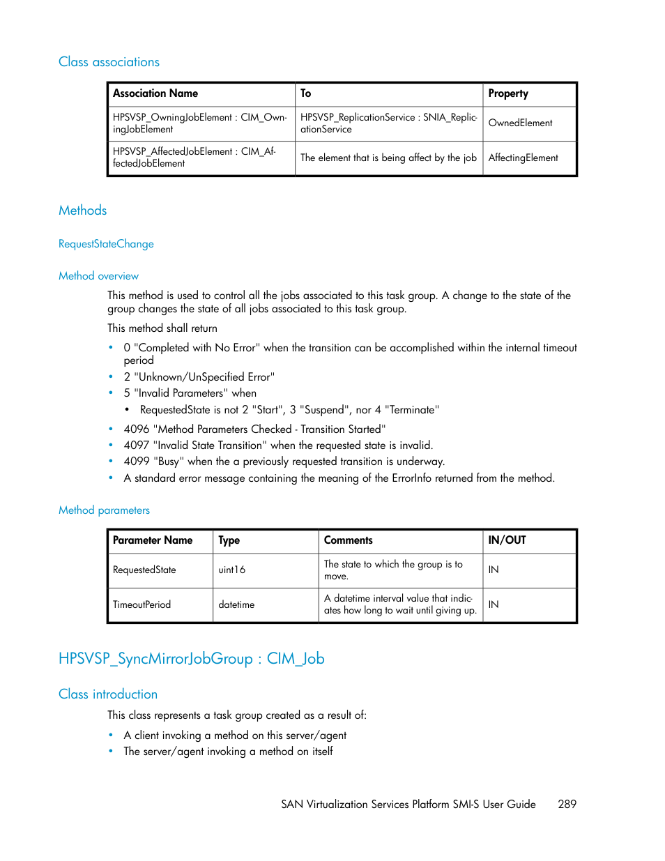 Class associations, Methods, Requeststatechange | Method overview, Method parameters, Hpsvsp_syncmirrorjobgroup : cim_job, Class introduction | HP SAN Virtualization Services Platform User Manual | Page 289 / 324