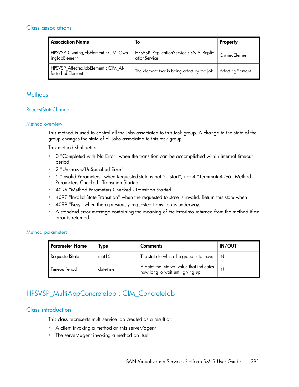 Class associations, Methods, Requeststatechange | Method overview, Method parameters, Hpsvsp_multiappconcretejob : cim_concretejob, Class introduction, 291 methods | HP SAN Virtualization Services Platform User Manual | Page 291 / 324
