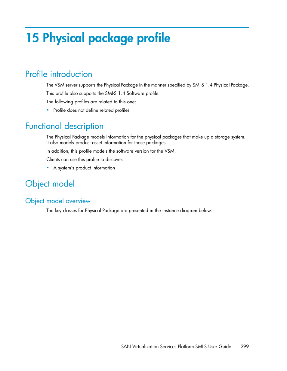 15 physical package profile, Profile introduction, Functional description | Object model, Object model overview, 299 functional description, 299 object model | HP SAN Virtualization Services Platform User Manual | Page 299 / 324