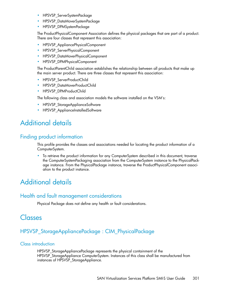 Additional details, Finding product information, Health and fault management considerations | Classes, Class introduction | HP SAN Virtualization Services Platform User Manual | Page 301 / 324