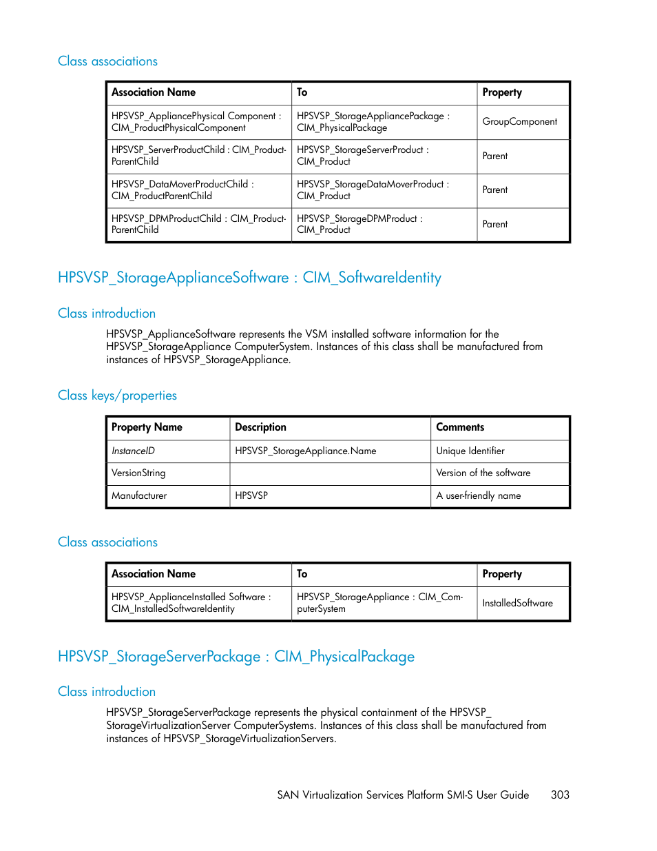 Class associations, Class introduction, Class keys/properties | Hpsvsp_storageserverpackage : cim_physicalpackage, 303 class keys/properties, 303 class associations | HP SAN Virtualization Services Platform User Manual | Page 303 / 324