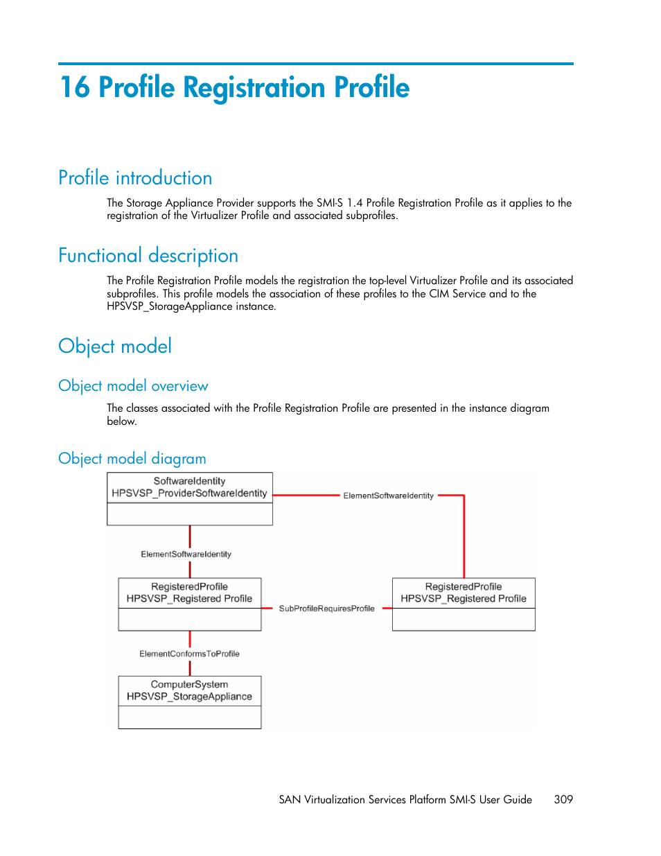 16 profile registration profile, Profile introduction, Functional description | Object model, Object model overview, Object model diagram, 309 functional description, 309 object model, 309 object model diagram | HP SAN Virtualization Services Platform User Manual | Page 309 / 324