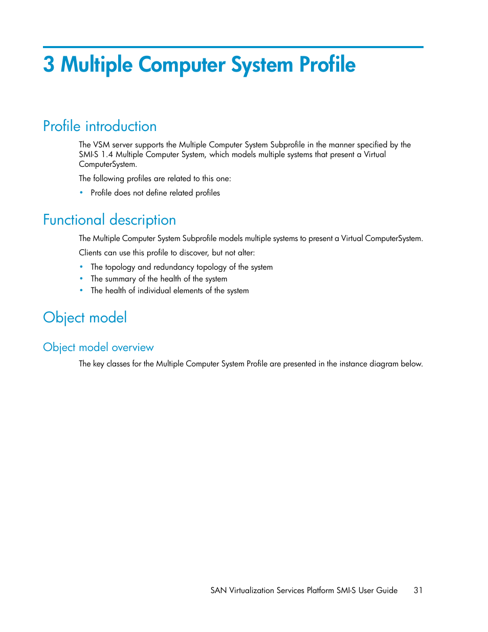 3 multiple computer system profile, Profile introduction, Functional description | Object model, Object model overview, 31 functional description, 31 object model | HP SAN Virtualization Services Platform User Manual | Page 31 / 324