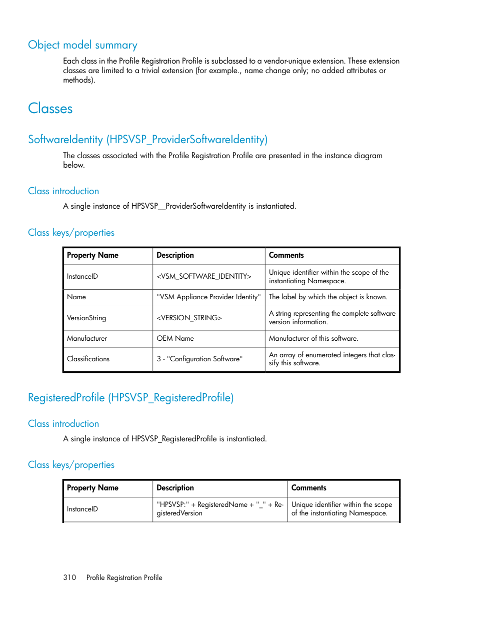Object model summary, Classes, Softwareidentity (hpsvsp_providersoftwareidentity) | Class introduction, Class keys/properties, Registeredprofile (hpsvsp_registeredprofile), 310 class keys/properties | HP SAN Virtualization Services Platform User Manual | Page 310 / 324