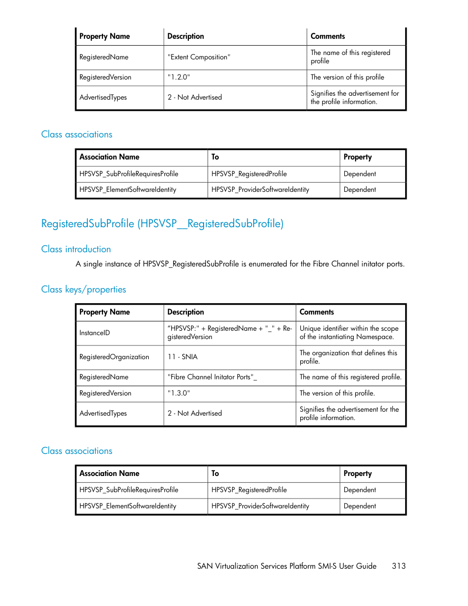 Class associations, Class introduction, Class keys/properties | 313 class keys/properties, 313 class associations | HP SAN Virtualization Services Platform User Manual | Page 313 / 324