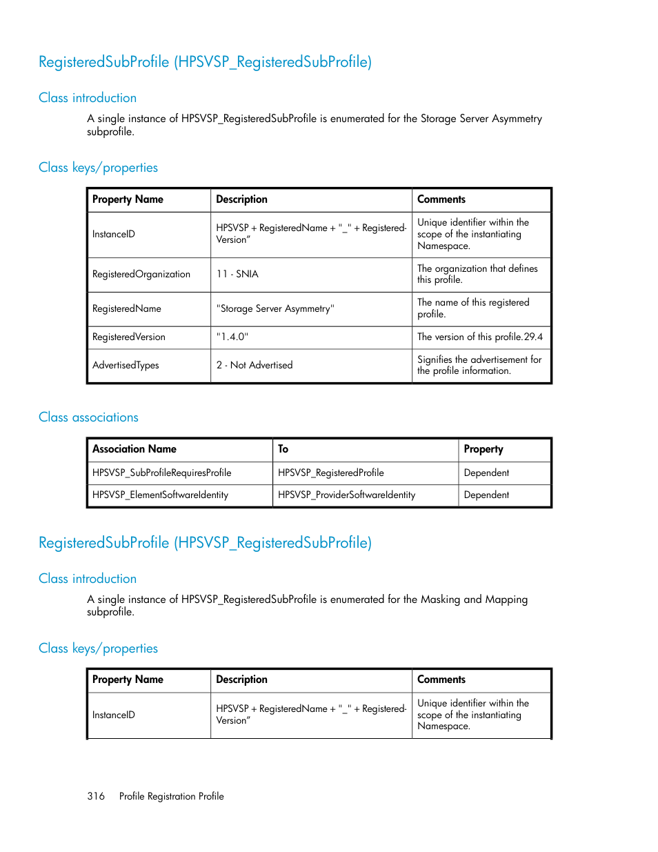 Registeredsubprofile (hpsvsp_registeredsubprofile), Class introduction, Class keys/properties | Class associations, 316 class keys/properties, 316 class associations | HP SAN Virtualization Services Platform User Manual | Page 316 / 324