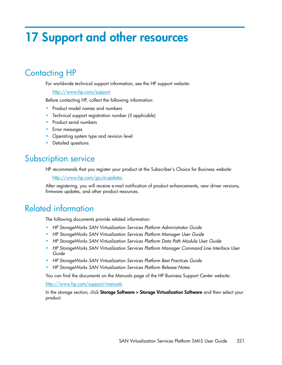 17 support and other resources, Contacting hp, Subscription service | Related information, 321 subscription service, 321 related information | HP SAN Virtualization Services Platform User Manual | Page 321 / 324