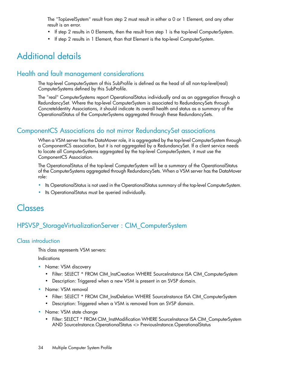 Additional details, Health and fault management considerations, Classes | Class introduction | HP SAN Virtualization Services Platform User Manual | Page 34 / 324