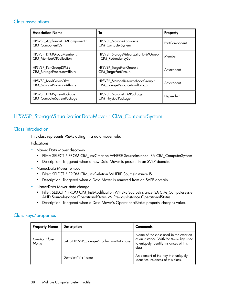 Class associations, Class introduction, Class keys/properties | 38 class keys/properties | HP SAN Virtualization Services Platform User Manual | Page 38 / 324