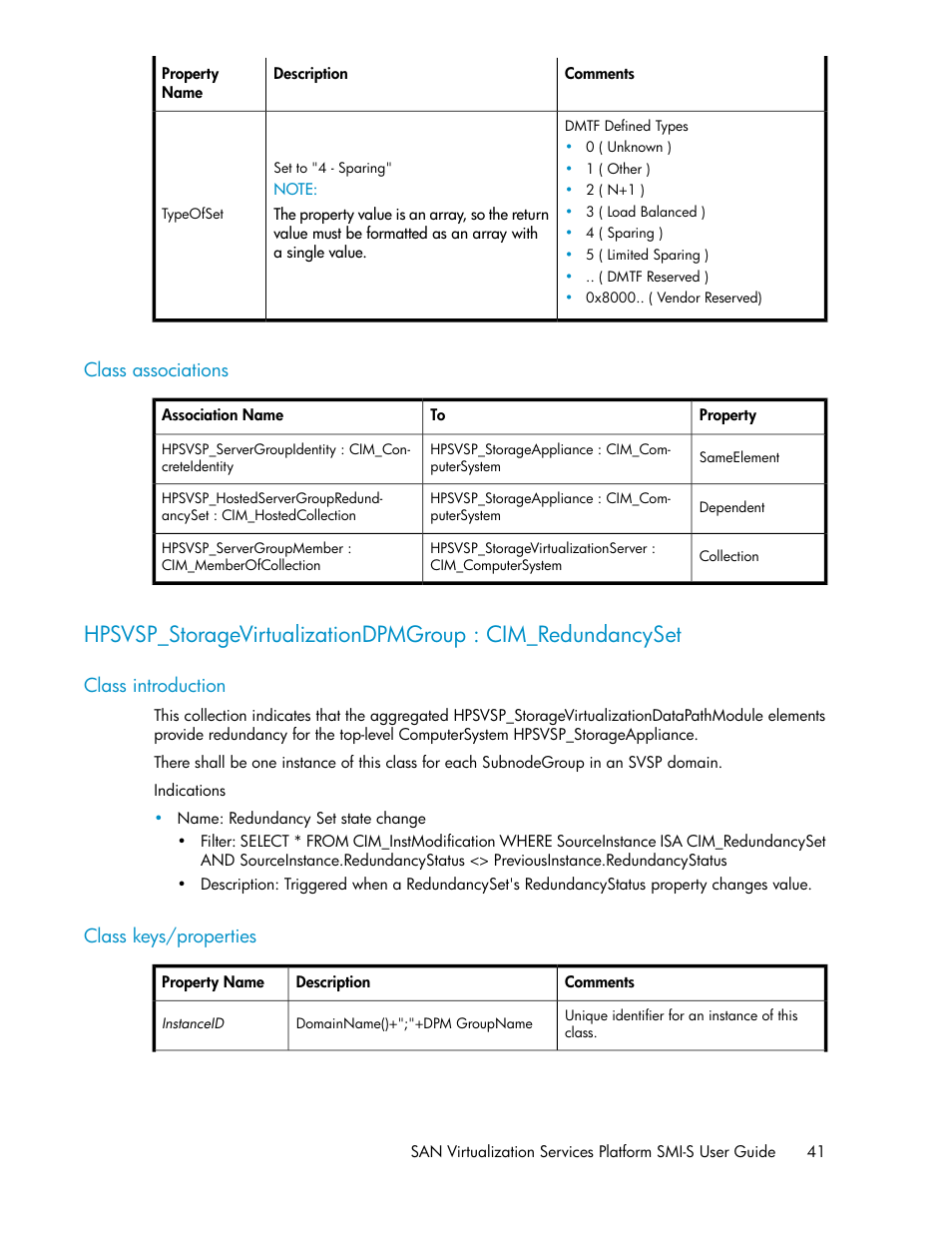 Class associations, Class introduction, Class keys/properties | 41 class keys/properties | HP SAN Virtualization Services Platform User Manual | Page 41 / 324