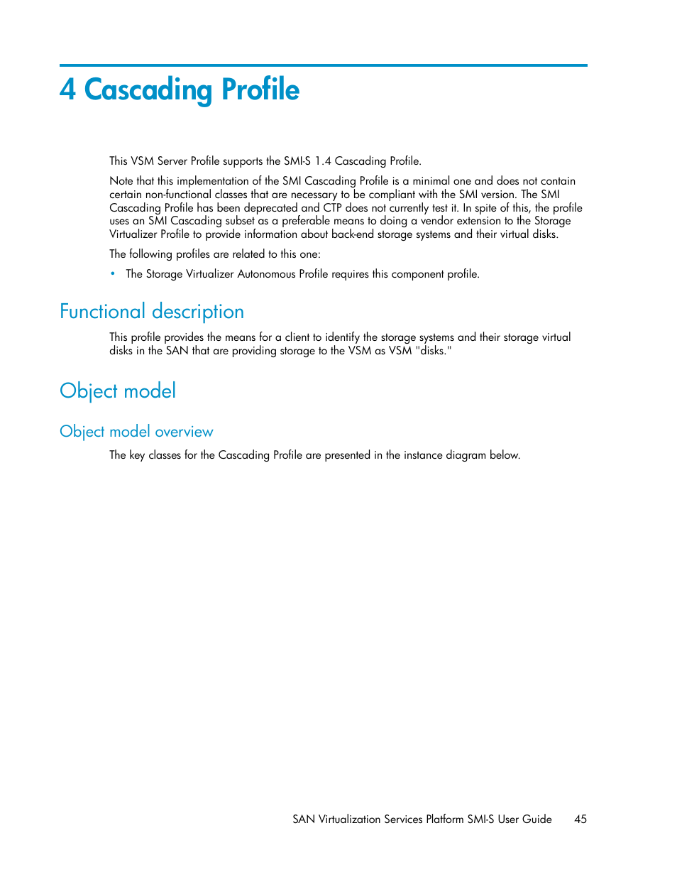 4 cascading profile, Functional description, Object model | Object model overview, 45 object model | HP SAN Virtualization Services Platform User Manual | Page 45 / 324