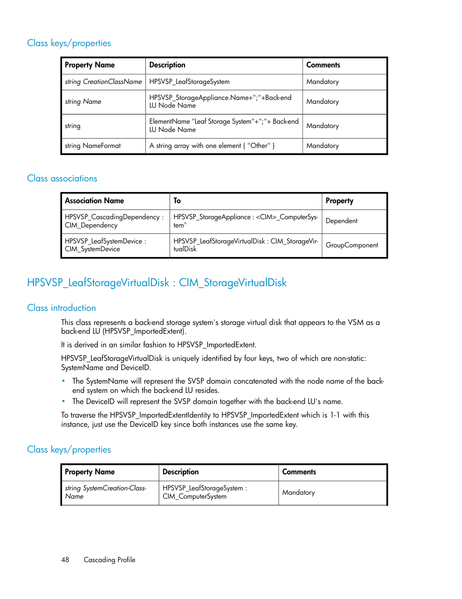 Class keys/properties, Class associations, Class introduction | 48 class associations, 48 class keys/properties | HP SAN Virtualization Services Platform User Manual | Page 48 / 324