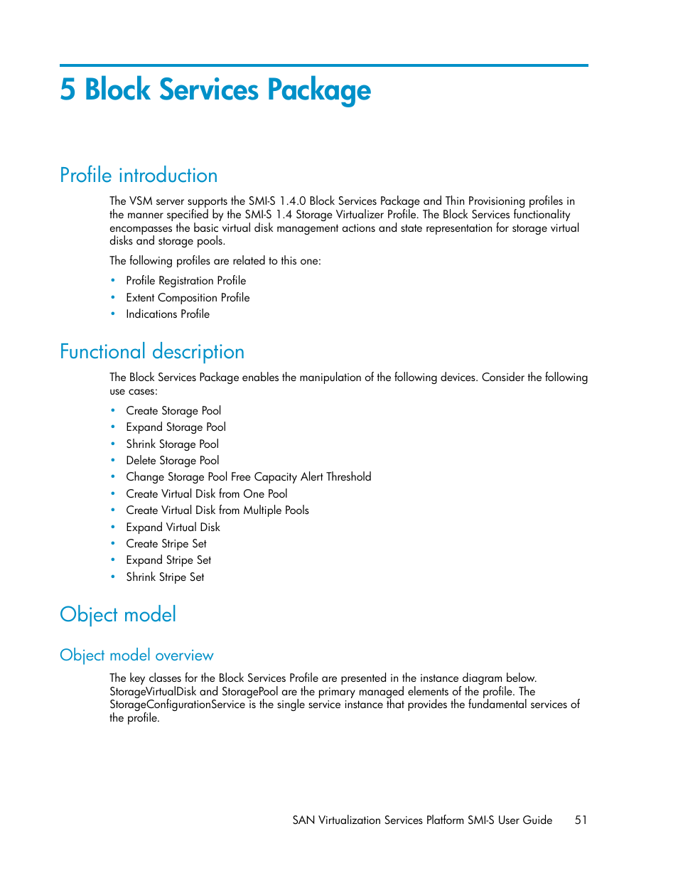 5 block services package, Profile introduction, Functional description | Object model, Object model overview, 51 functional description, 51 object model | HP SAN Virtualization Services Platform User Manual | Page 51 / 324