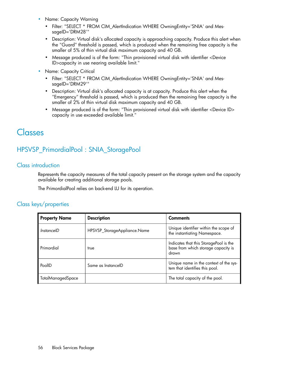 Classes, Hpsvsp_primordialpool : snia_storagepool, Class introduction | Class keys/properties, 56 class keys/properties | HP SAN Virtualization Services Platform User Manual | Page 56 / 324