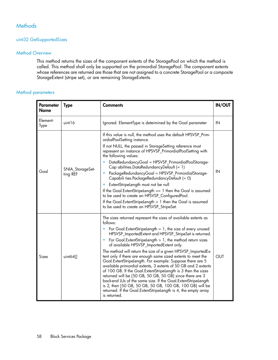 Methods, Uint32 getsupportedsizes, Method overview | Method parameters | HP SAN Virtualization Services Platform User Manual | Page 58 / 324