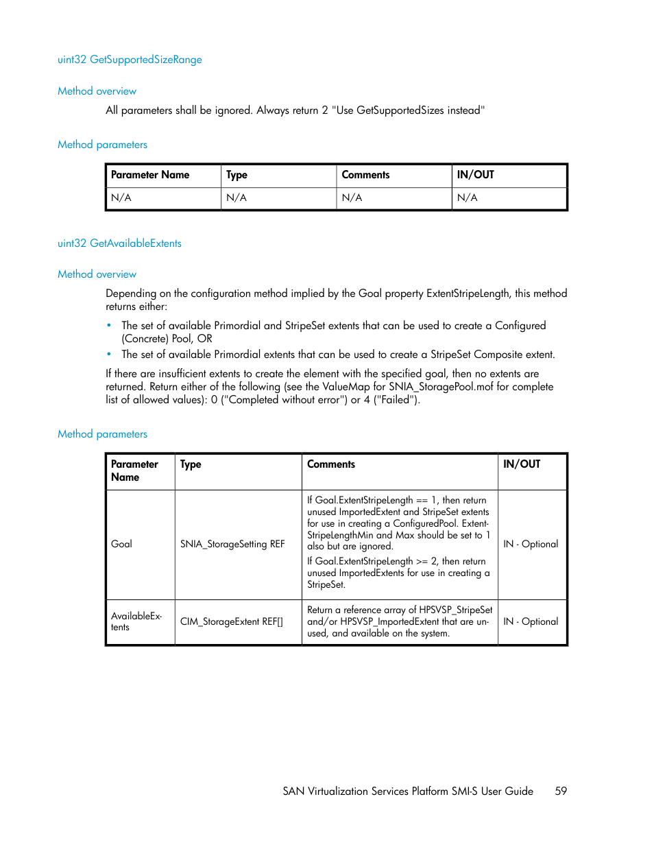 Uint32 getsupportedsizerange, Method overview, Method parameters | Uint32 getavailableextents | HP SAN Virtualization Services Platform User Manual | Page 59 / 324