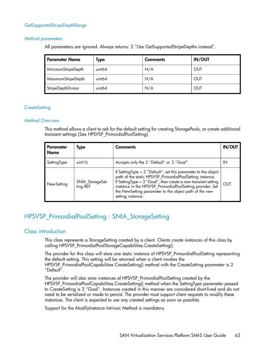 Getsupportedstripedepthrange, Method parameters, Createsetting | Method overview, Hpsvsp_primordialpoolsetting : snia_storagesetting, Class introduction | HP SAN Virtualization Services Platform User Manual | Page 63 / 324