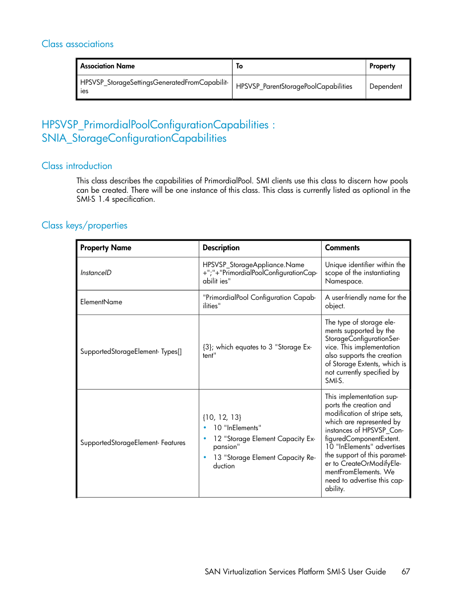 Class associations, Class introduction, Class keys/properties | 67 class keys/properties | HP SAN Virtualization Services Platform User Manual | Page 67 / 324