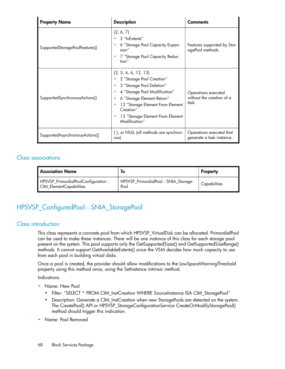 Class associations, Hpsvsp_configuredpool : snia_storagepool, Class introduction | HP SAN Virtualization Services Platform User Manual | Page 68 / 324