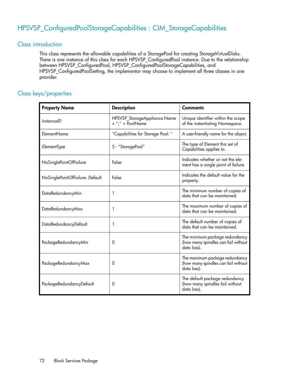 Class introduction, Class keys/properties, 72 class keys/properties | HP SAN Virtualization Services Platform User Manual | Page 72 / 324